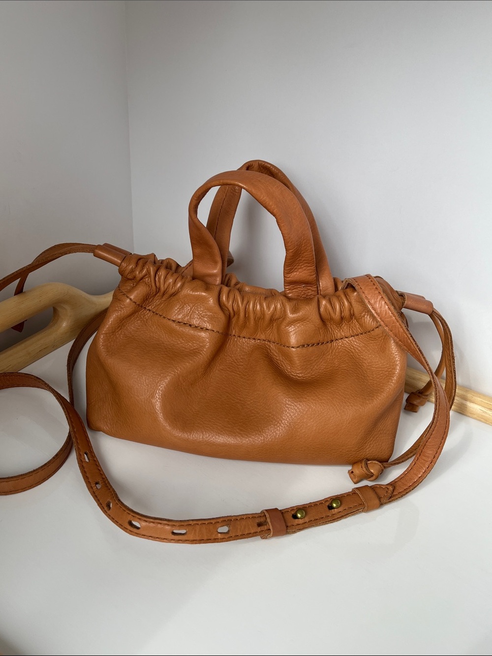 Leather Drawstring Satchel Bag in Tan